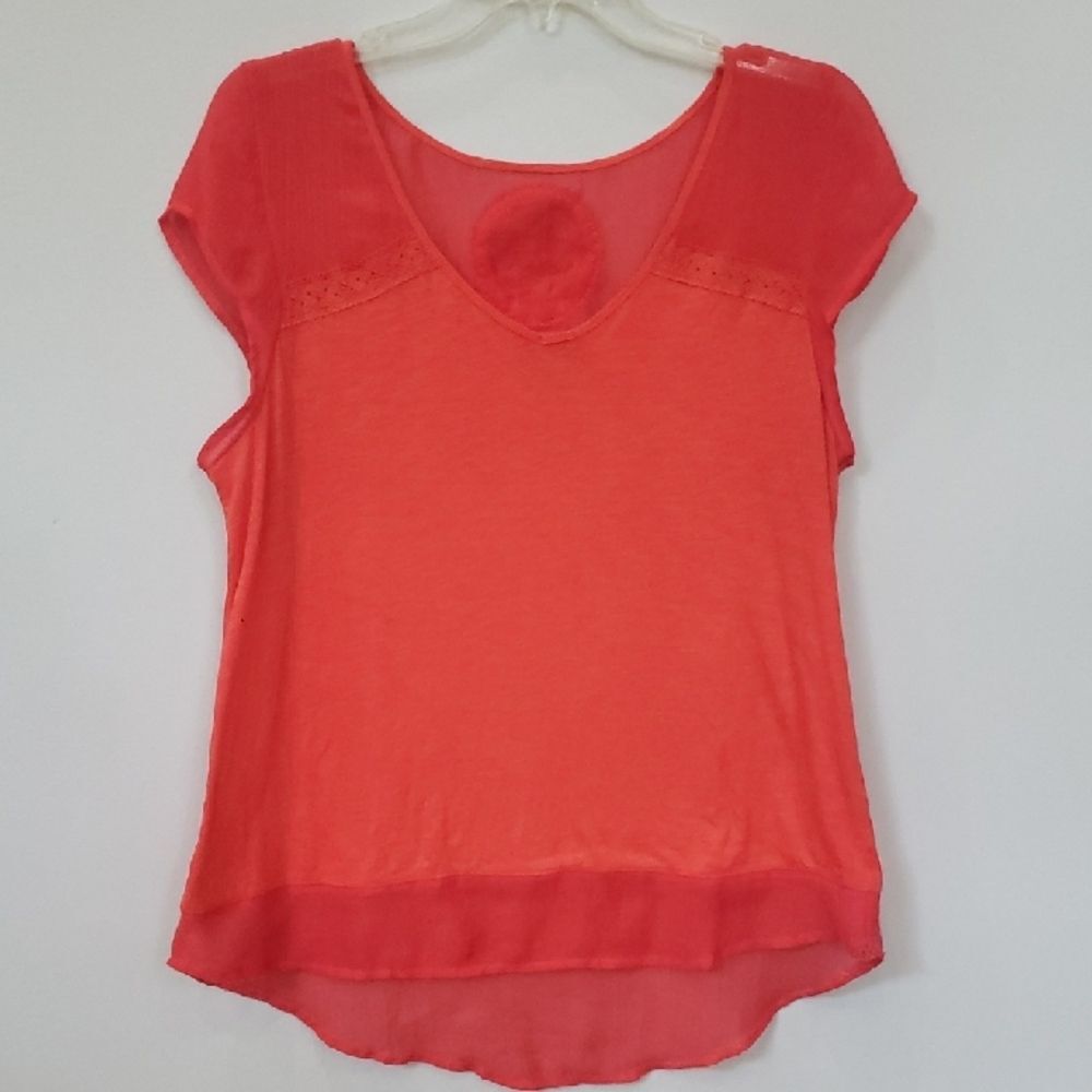 Lucky Brand Top Womens L Vibrant Orange Sheer Tunic Blouse Boho Festival TS12